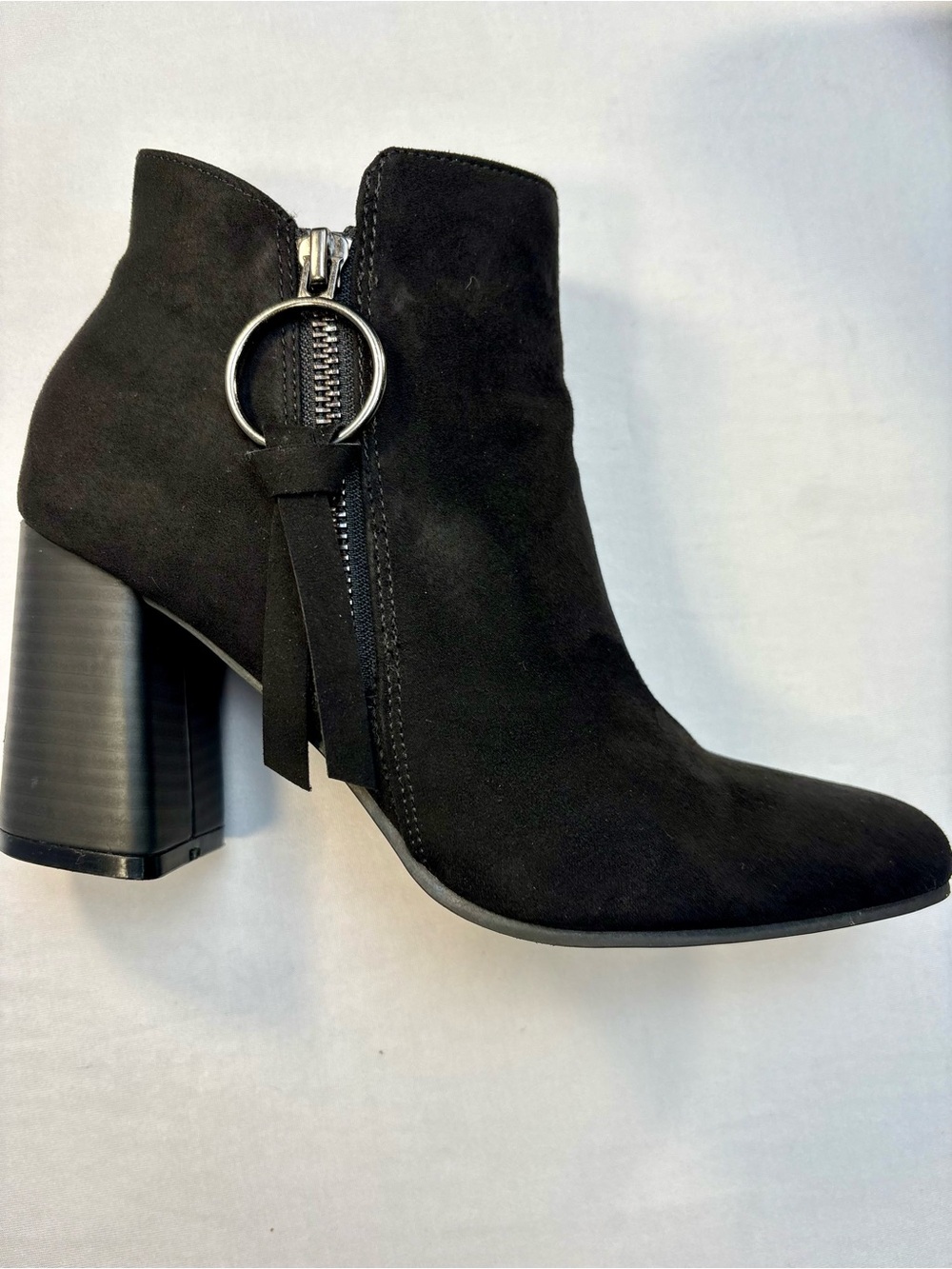 American Eagle Outfitters Black Suede Ankle Boot with Ring Zip Detail